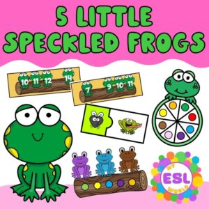 Five green and speckled frogs